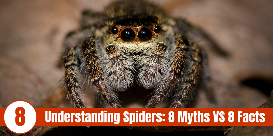 cute jumping spider with text Understanding Spiders 8 myths vs 8 facts