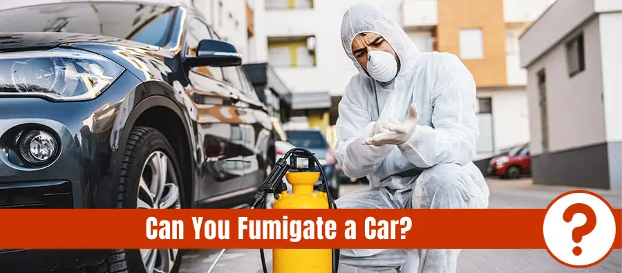 Exterminator preparing for car pest control and the text: can you fumigate a car
