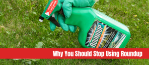 Gardener using roundup herbicide in a garden with text: Why you should stop using roundup